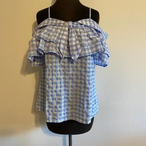 Like-New Kindle Blue Gingham Off-the-Shoulder Top